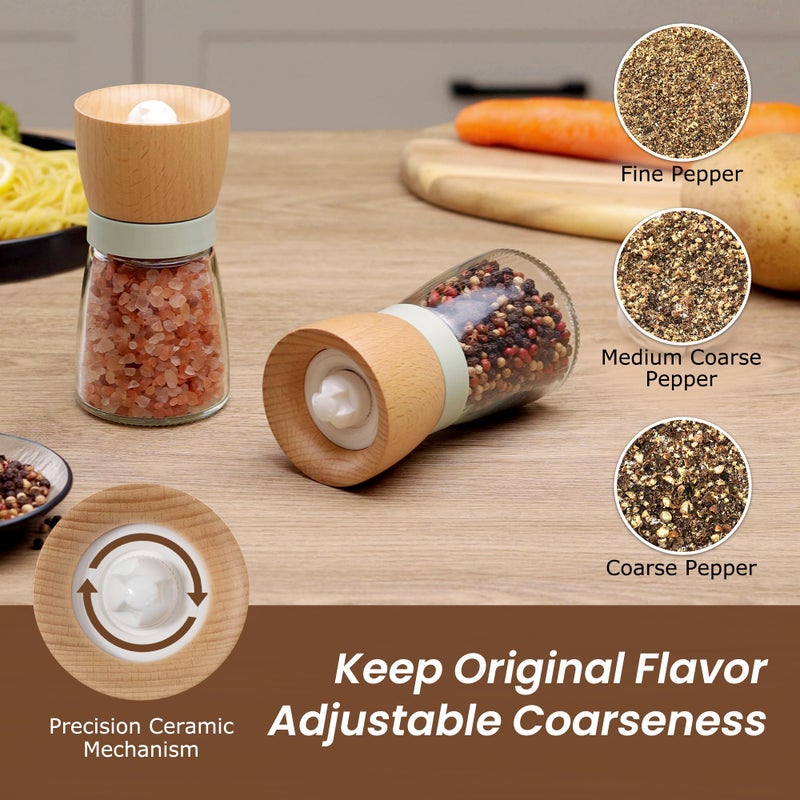 VEVOK CHEF Salt and Pepper Grinder Set Wood VEVOK CHEF Adjustable Coarseness Refillable Pepper Grinder Mill Wooden Farmhouse Cute Salt and Pepper Shaker for Green Salt Grinder Kitchen Gift - Image 2